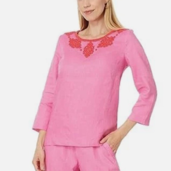 Women's Elyn Top Confetti Linen Beaded Side Slit